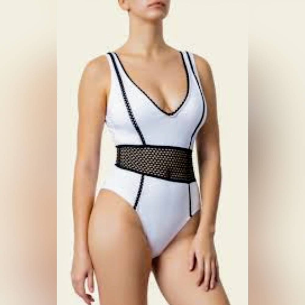 Kenneth Cole White & Black Mesh Waist Plunging High Leg One Piece Swimsuit s S/M